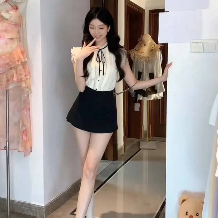 【两件套】【有里布】2025新款甜美木耳衬衫女夏短袖套装D2676