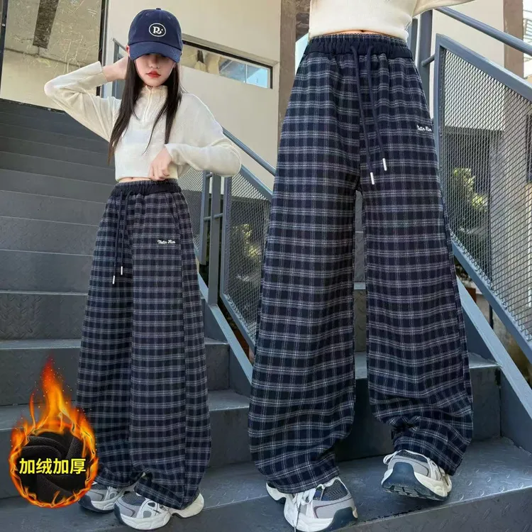 女童格子裤2025新款洋气秋冬款儿童休闲裤大童女孩加绒加厚直筒裤