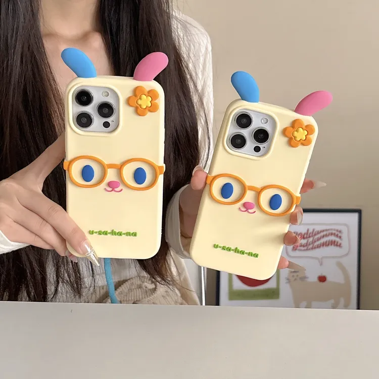 苹果|眼镜彩虹兔子卡通可爱适用iPhone16女款ins立体15硅胶手机壳