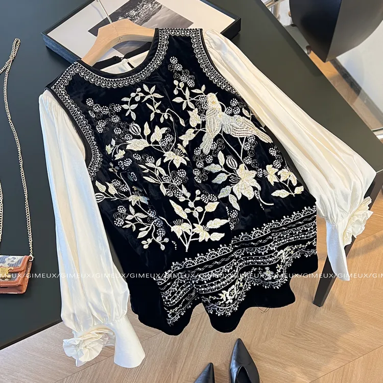 新中式国风复古刺绣花卉套装女2025春秋黑白拼色灯笼袖上衣两件套