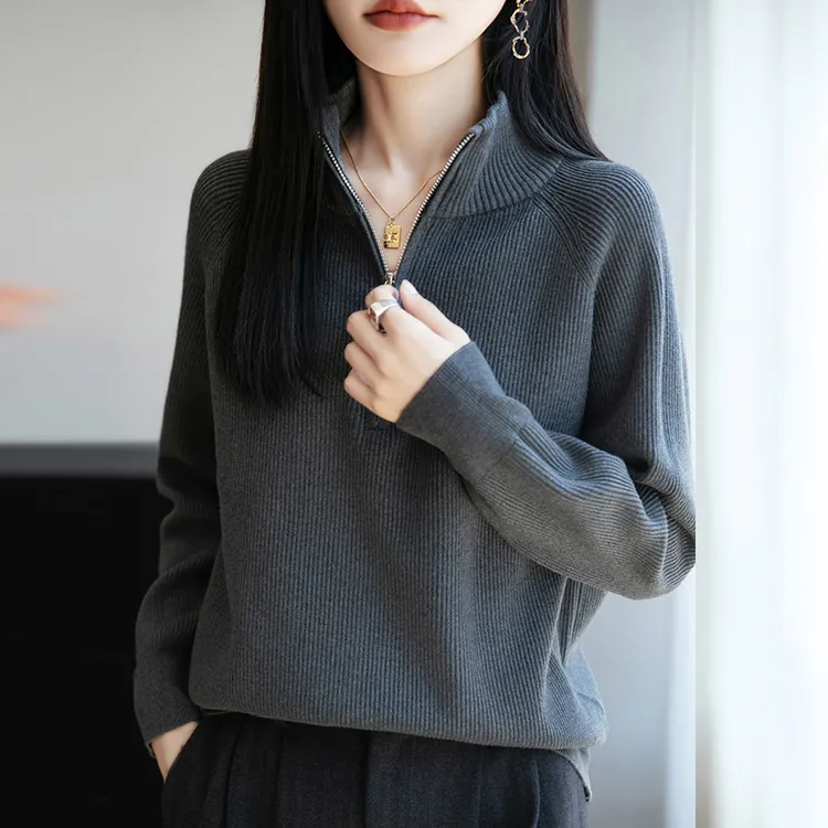 春秋大码立领针织衫女宽松短款上衣显瘦百搭秋冬洋气纯色打底毛衣