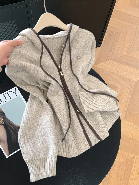 2025韩系温柔女高双拉链设计感开衫连帽针织衫秋冬氛围感上衣