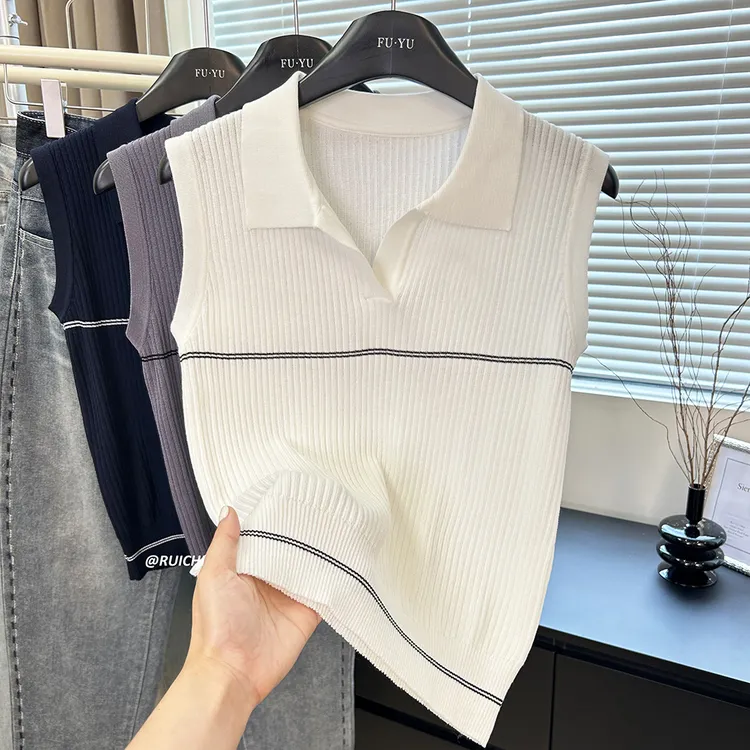 2025夏季韩版休闲风翻领条纹小马刺绣无袖高级感显瘦短针织衫上衣