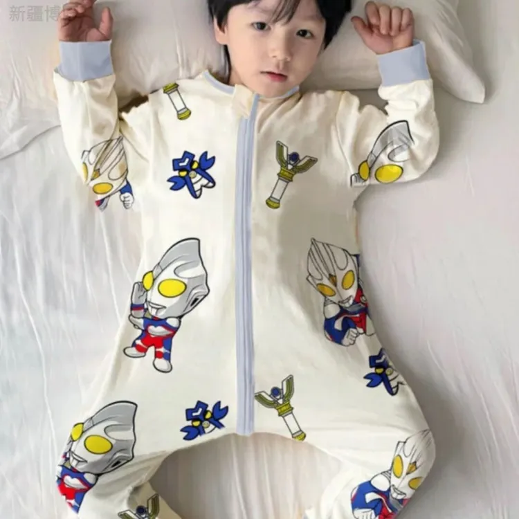 新疆西藏包邮儿童睡衣卡通奥特曼连体德绒睡袋拉链连体衣秋冬家居