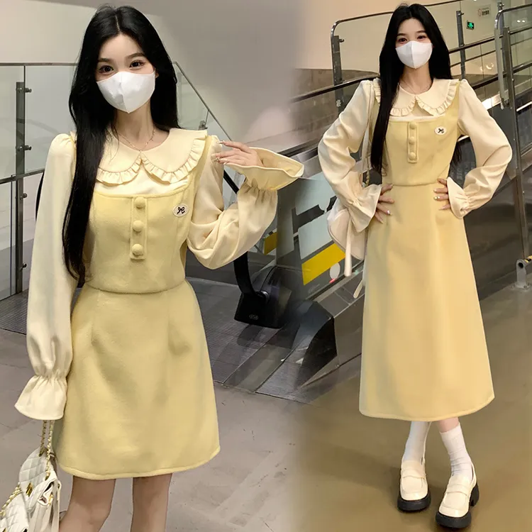 新款娃娃领小众设计感假两件连衣裙