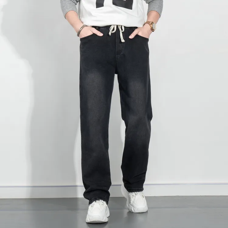 复古潮流Goods男士新潮百搭牛仔裤时尚宽松抽绳松紧腰直筒长裤