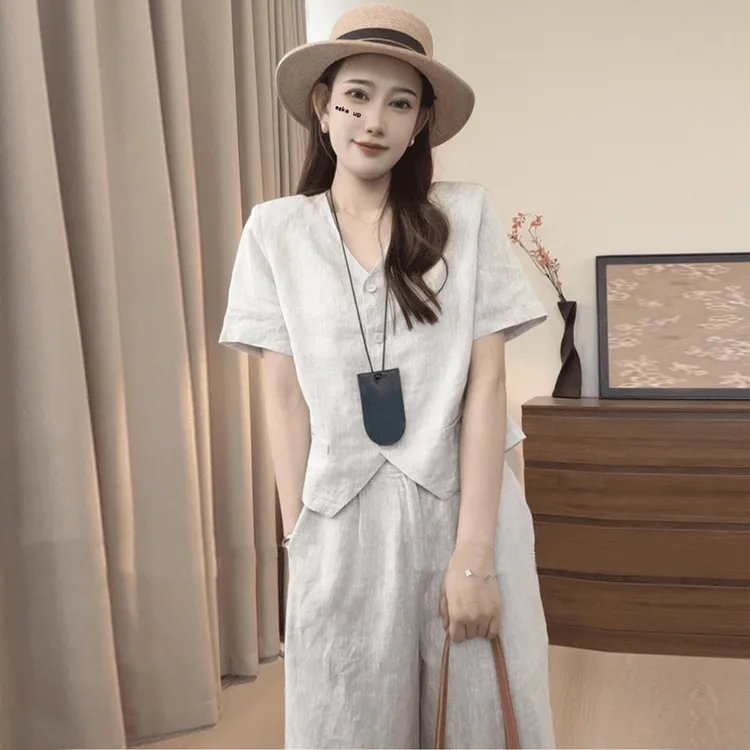苎麻套装女士夏季2025新款时尚洋气减龄显瘦亚麻衬衫阔腿裤两件套