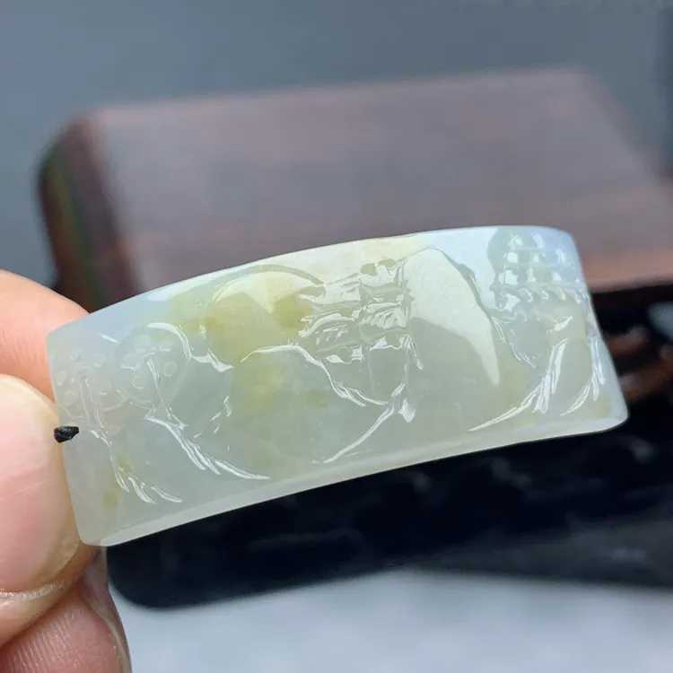 缅甸A货天然翡翠山水手牌黄翡精雕细糯化种男款手牌俏色仿古手工