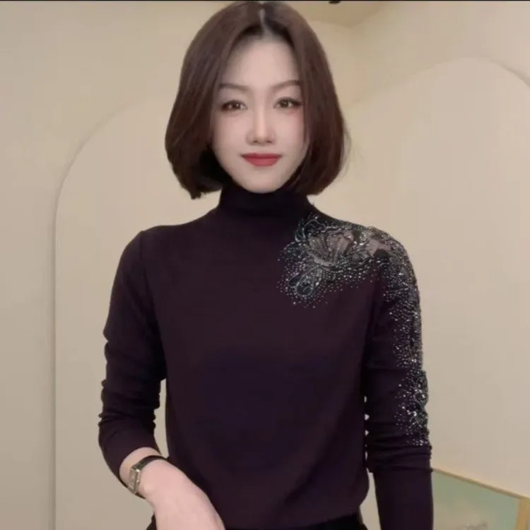 俞兆林秋冬新款时尚洋气烫钻镂空半高领女士打底衫长袖保暖t恤