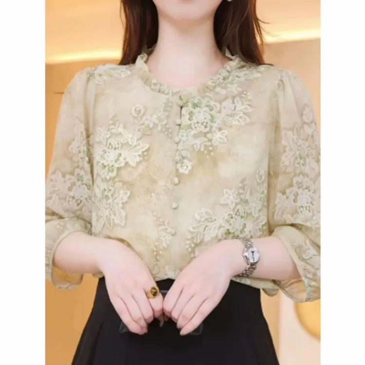2025新款夏季气质优雅小衫木耳领时尚百搭洋气气质七分袖衬衫0705