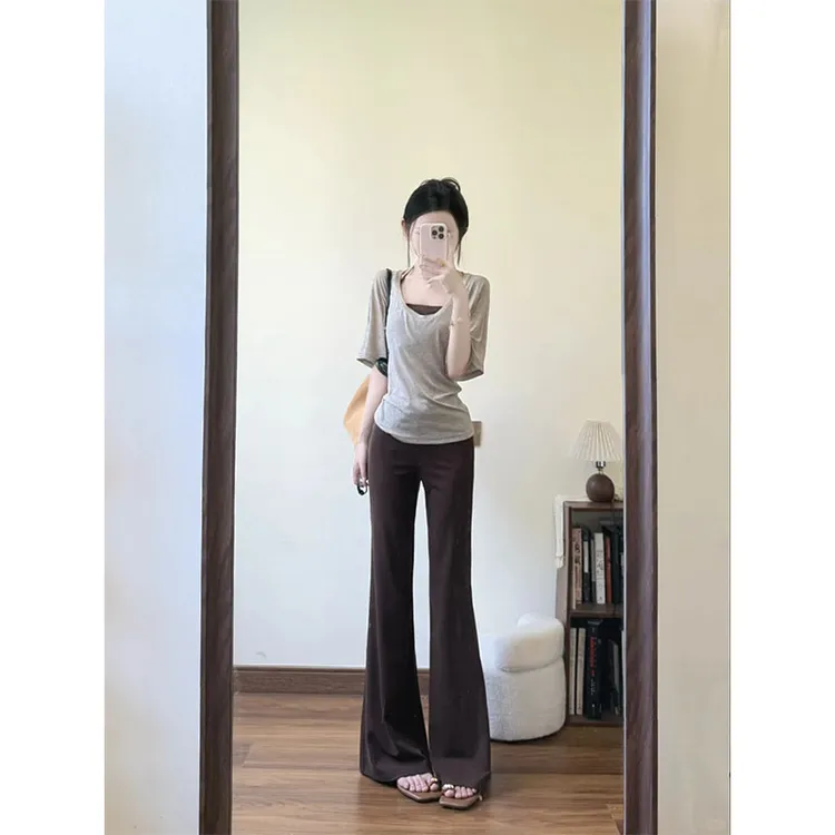 夏季显瘦挂脖内搭修身慵懒风网红穿搭上衣两件套休闲宽松时尚长裤