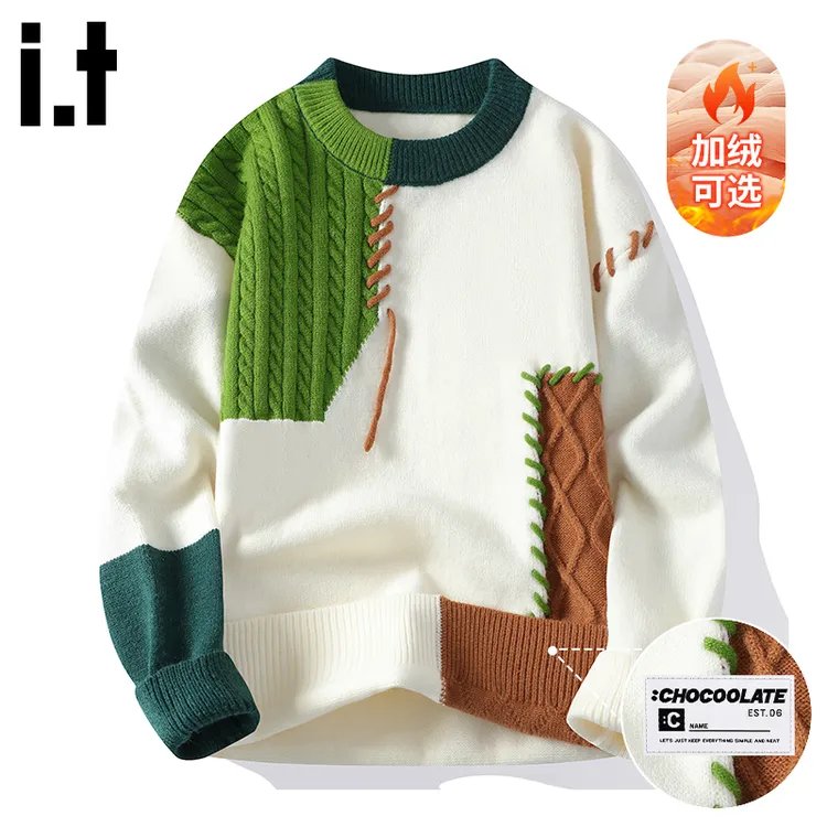 it :CHOCOOLATE拼接设计感针织衫男秋冬加绒潮牌舒适圆领毛衣外套