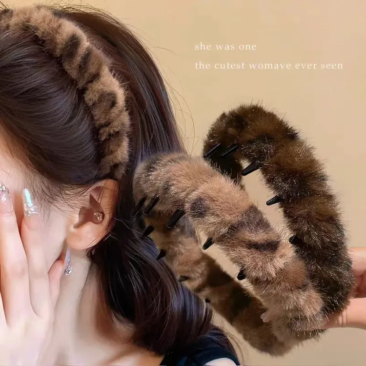 新款秋冬毛绒豹纹波浪发箍女百搭高颅顶洗脸化妆压发卡宽边头箍