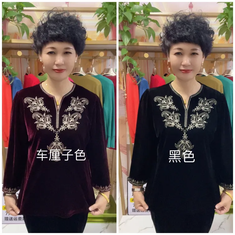 早秋新款重工刺绣凤尾花丝绒上衣