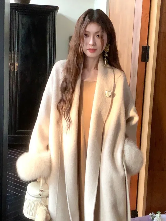 【柏林女神】新款法式秋冬高端狐狸毛双面羊绒大衣女长款羊毛呢外套