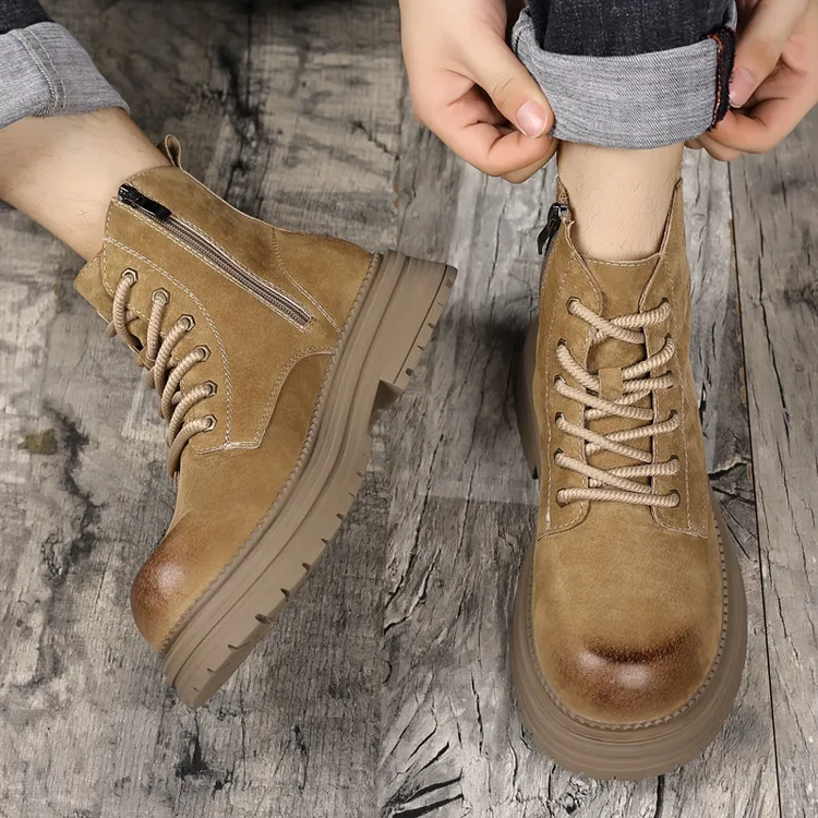 [猪皮]2025秋冬加棉厚底增高马丁靴透气工装潮鞋男士复古防滑鞋底