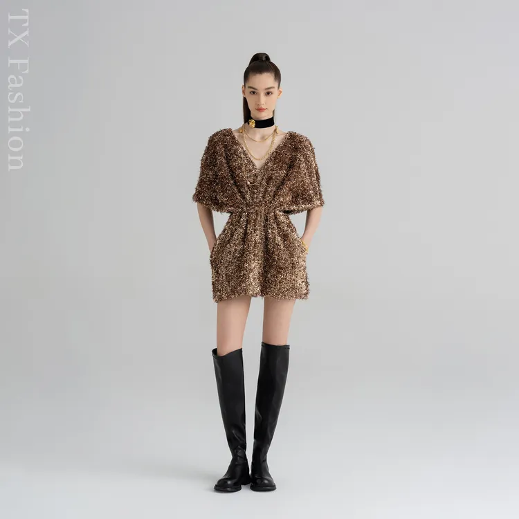 【YOLLA】亮片V领短袖连衣裙性感时尚礼服裙半身裙YL24DS03