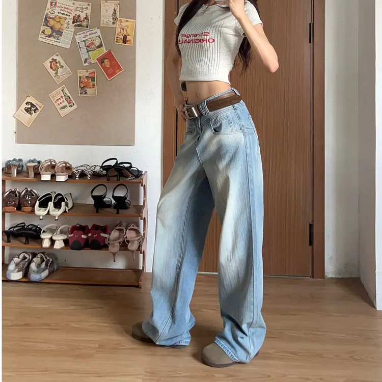 WANWAN新款！慵懒风！刺绣设计款超显瘦水洗牛仔裤直筒裤薄款春夏