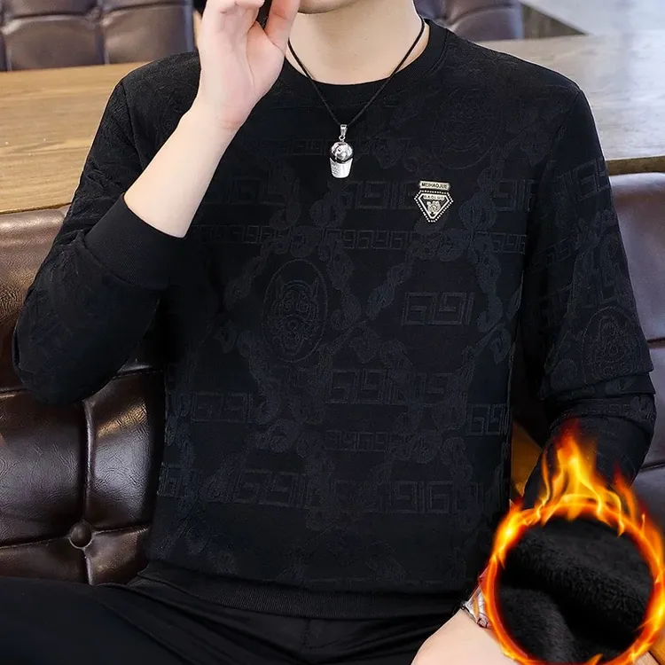 春秋季提花圆领上衣男士时尚长袖修身卫衣大码打底衫外穿套头t恤