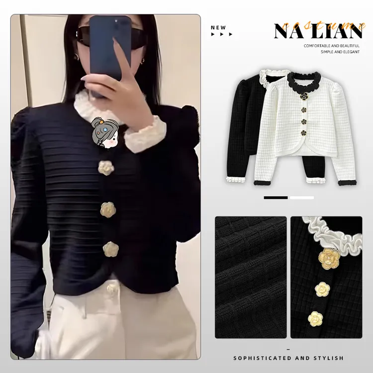 【现货秒发】-洋洋优选-秋冬新款撞色褶皱V领单排扣毛衣外套YY70321