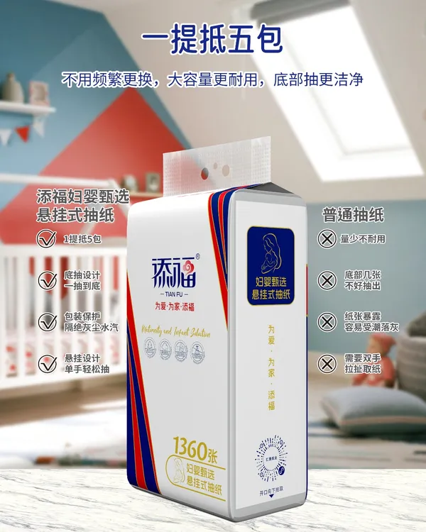 添福悬挂式抽纸6大袋#1360张5层婴幼儿级别 柔软 挂抽纸家用加厚