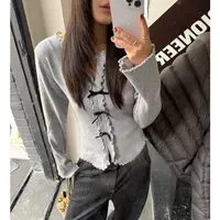 【逸语服饰】2025冬季甜妹木耳边蝴蝶结针织衫软糯V领喇叭长袖上衣