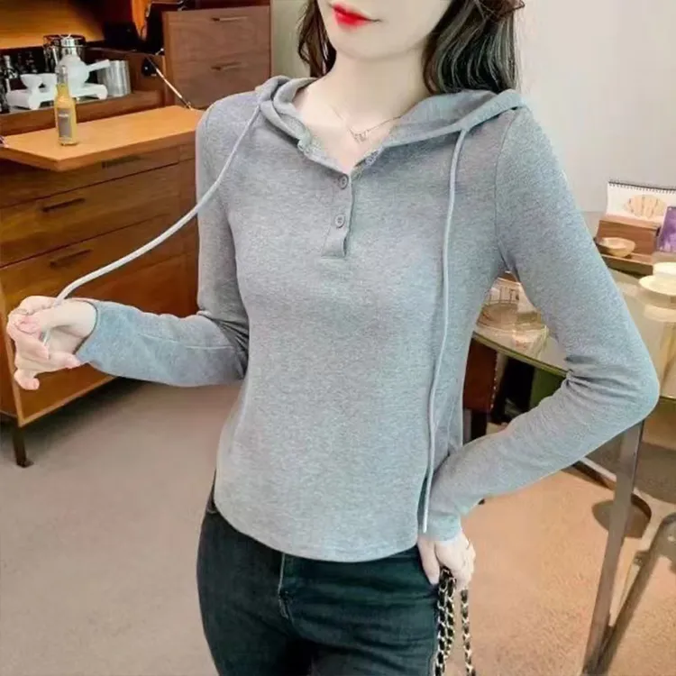 复古港风连帽体恤打底衫春秋季女新款休闲弹力修身显瘦遮肉上衣T