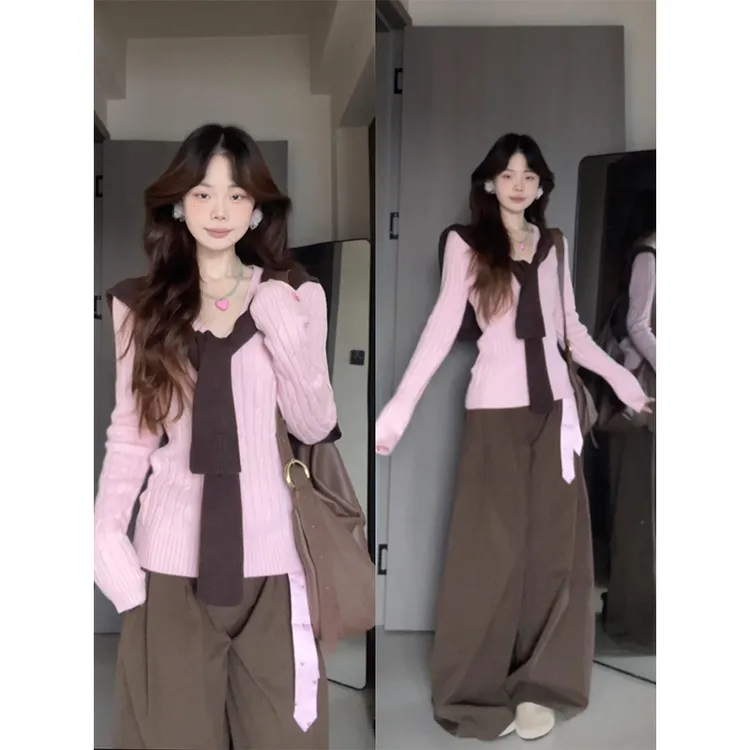 MARIE.COCO秋季新款韩系软糯V领坑条针织衫上衣阔腿休闲裤套装女