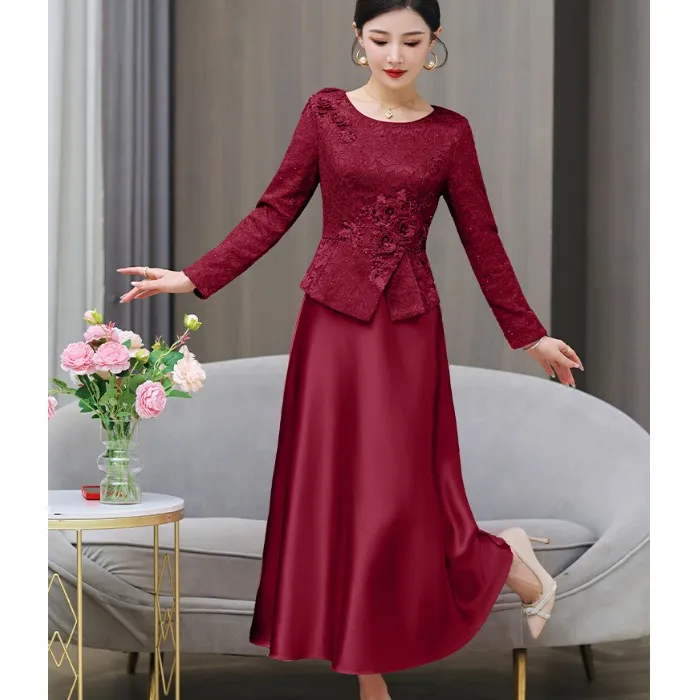 妈妈婚宴礼服高贵气质喜婆婆婚宴装2025新款参加婚礼酒红色洋装