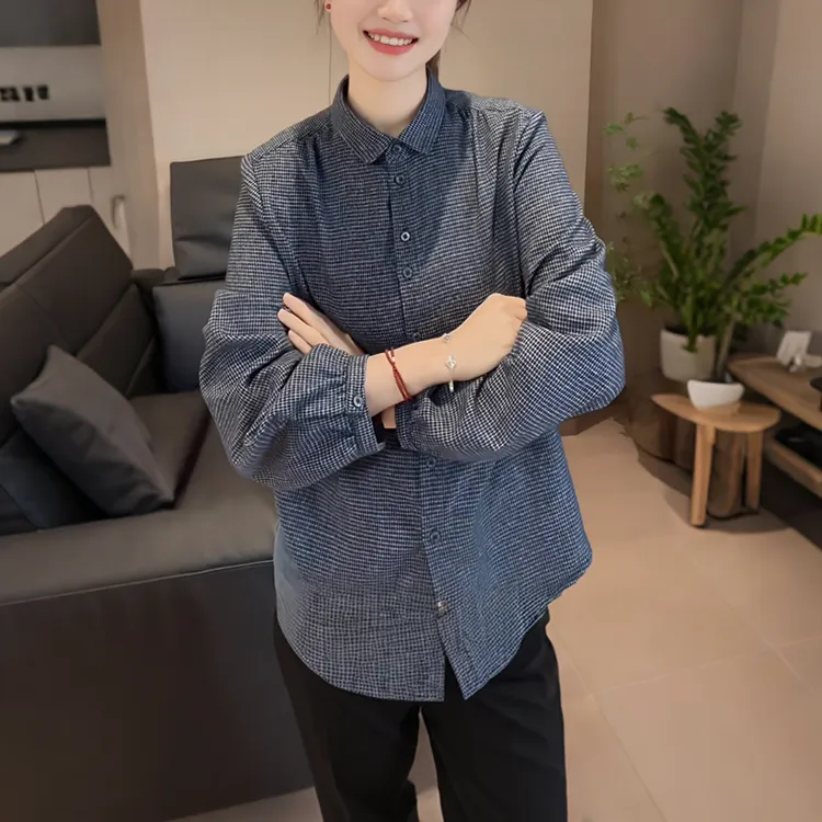 纯棉灯笼袖长袖时尚休闲减龄格子衬衫秋季复古新款显瘦潮流上衣女