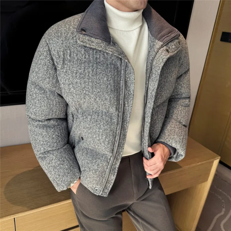 小香风编织呢料肌理立领加厚保暖棉服宽松潮流休闲男短款外套灰色