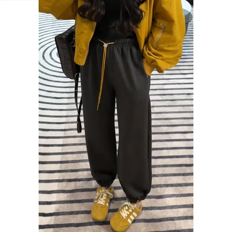 艾塔莉秋季透气高腰口袋街头风韩版休闲裤女显瘦阔腿裤抽绳松紧腰