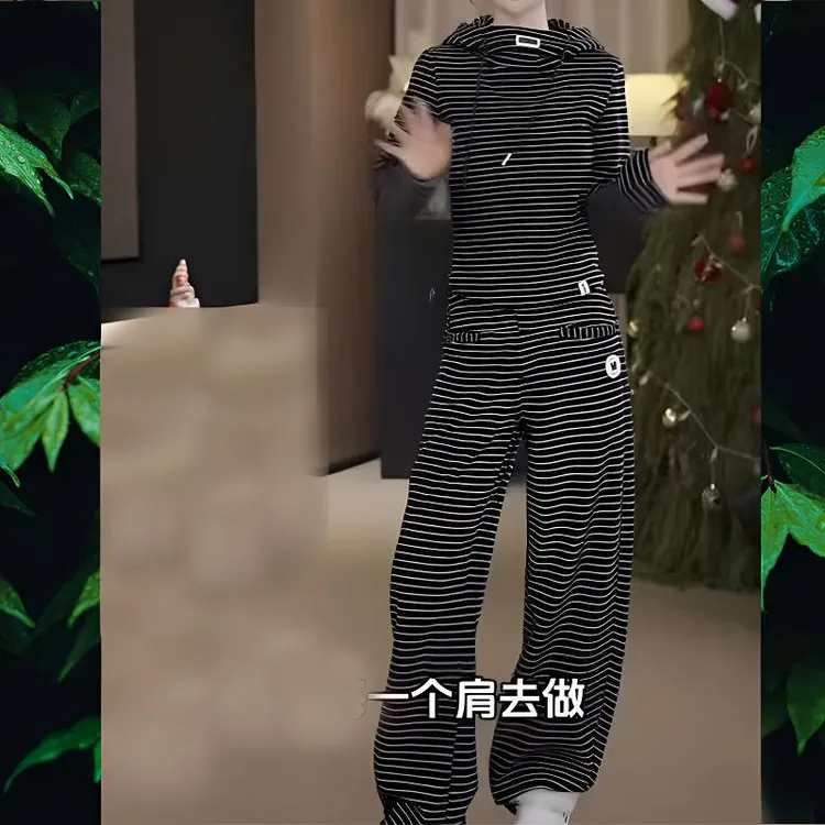 2024秋冬新款时尚套装连帽休闲上衣条纹两件套高档洋气淑女范套装