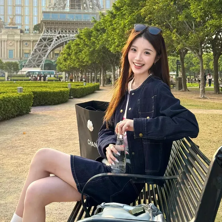 港风复古撞色牛仔外套不对称口袋修身显瘦半身裙两件套女春秋新款