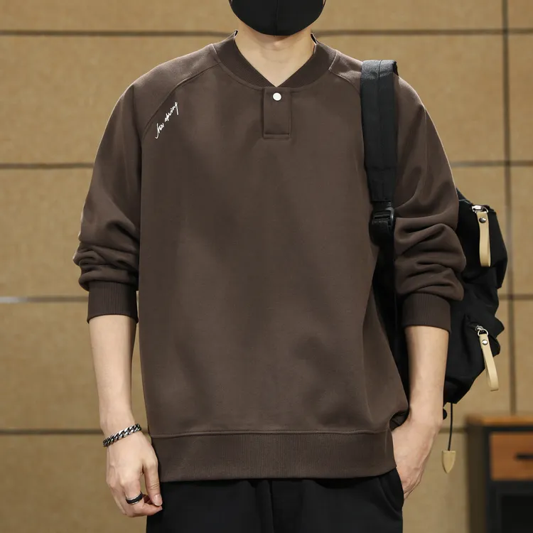 高端360g重磅双面棉亨利领卫衣男春秋字母刺绣宽松新款休闲打底衫