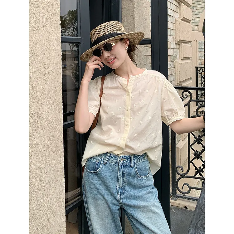 花边圆领短袖小衫女日常通勤百搭衬衣009AX