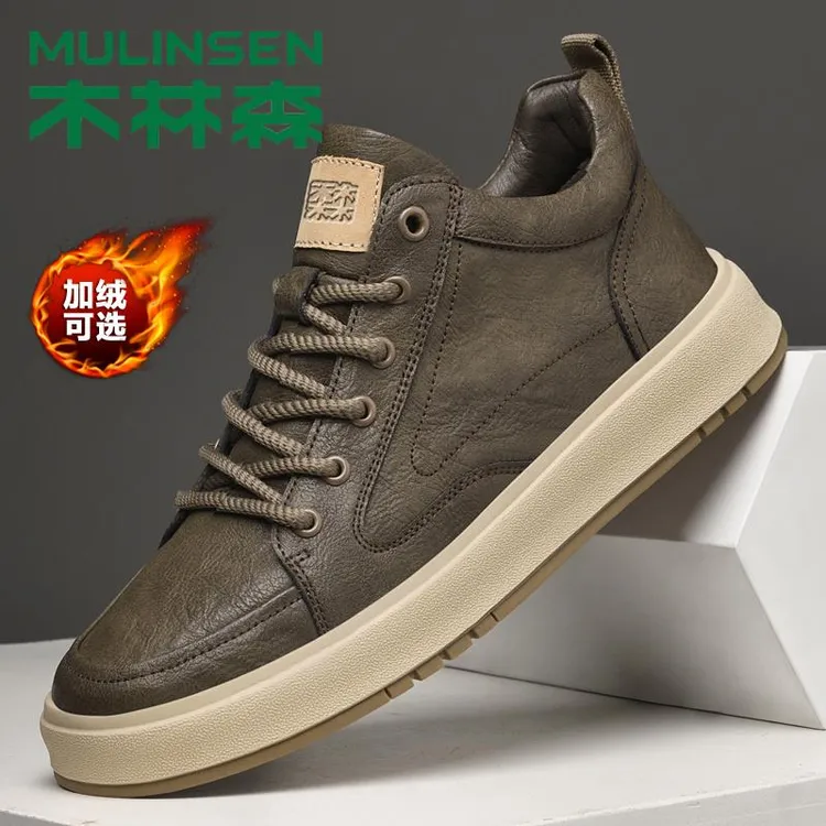 木林森皮鞋男款秋季正品英伦复古休闲高帮板鞋男士加绒保暖棉鞋子