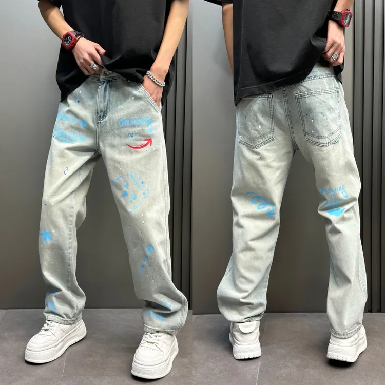 美式休闲秋冬宽松浅色男士牛仔裤子直筒美式白色宽美式浅色直筒