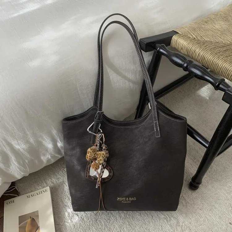 复古废土风托特包女2025新款简约百搭大容量手提单肩包上班通勤包