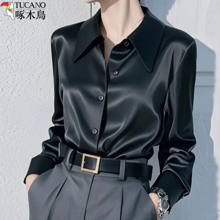 啄木鸟春秋缎面黑色衬衫长袖新款商务职业通勤高档衬衣女款外穿