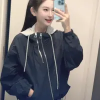 《双叙》2025蓉蓉家秋季新款韩版连帽假两件双拉链短款棒球服外套