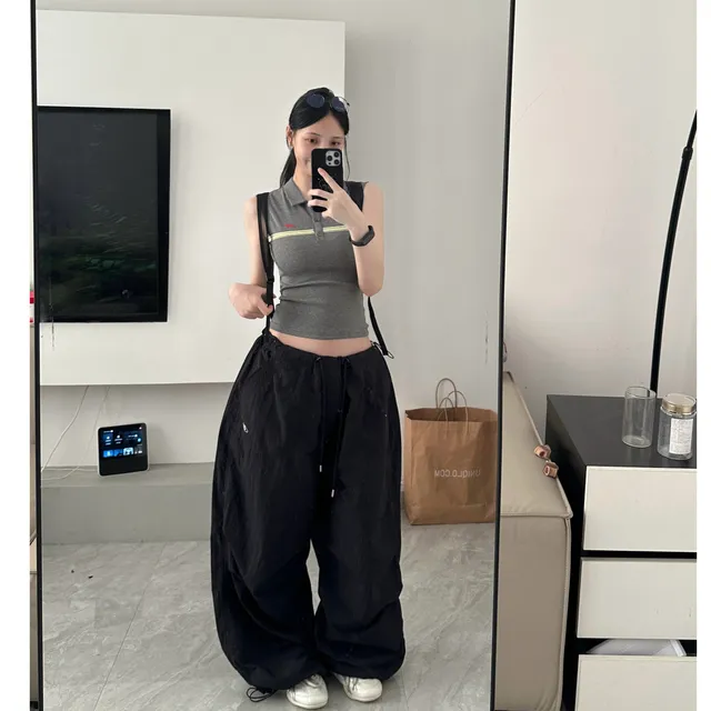 鱼叁 美式降落伞廓形工装裤松紧抽绳宽松皱褶口袋美式休闲长裤夏