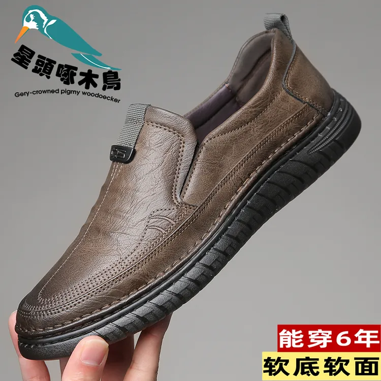 星头啄木鸟皮鞋2025新款商务软底软面休闲男鞋秋冬加绒软底驾车鞋