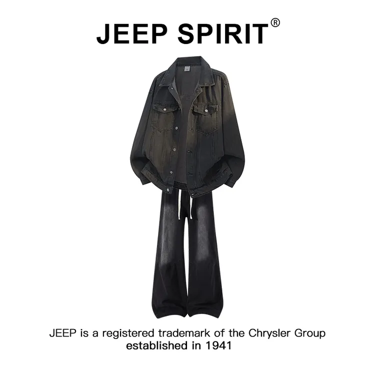 Jeep吉普美式复古男士休闲套装秋季潮牌工装牛仔夹克牛仔裤两件套