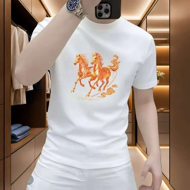 马年本命年红色纯棉短袖男士时尚潮流圆领百搭T恤上衣轻奢夏季