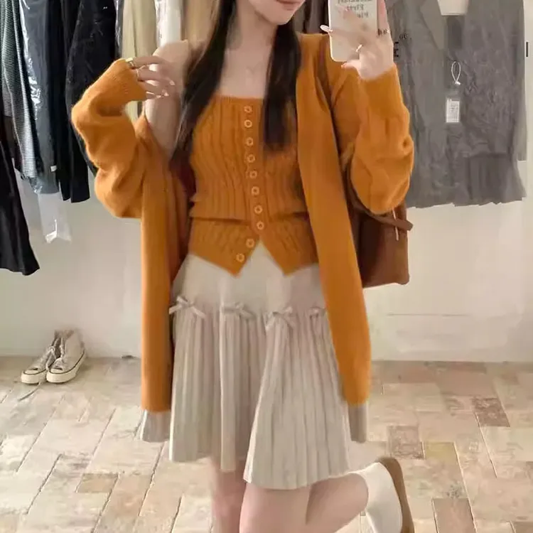 秋季韩系慵懒风麻花针织两件套装背心+新款宽松简约开衫外套女