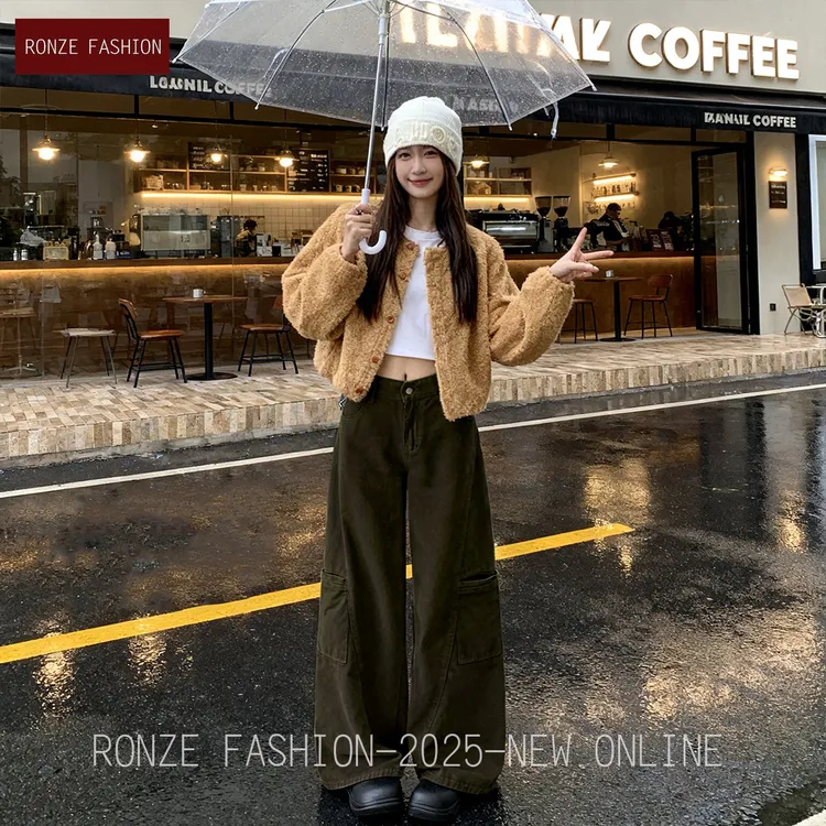 新秋美式复古琥珀色阔腿牛仔裤女设计感宽松多口袋工装裤拖地长裤