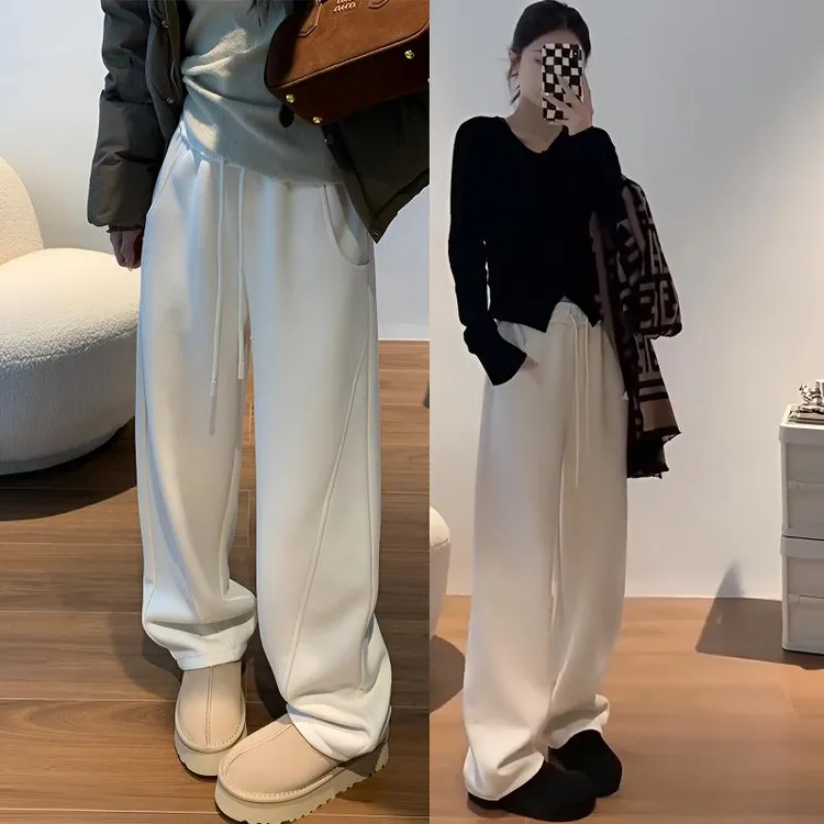 白色阔腿裤女秋冬休闲羊呢香蕉加厚卫裤宽松运动裤垂感弯镰刀裤子