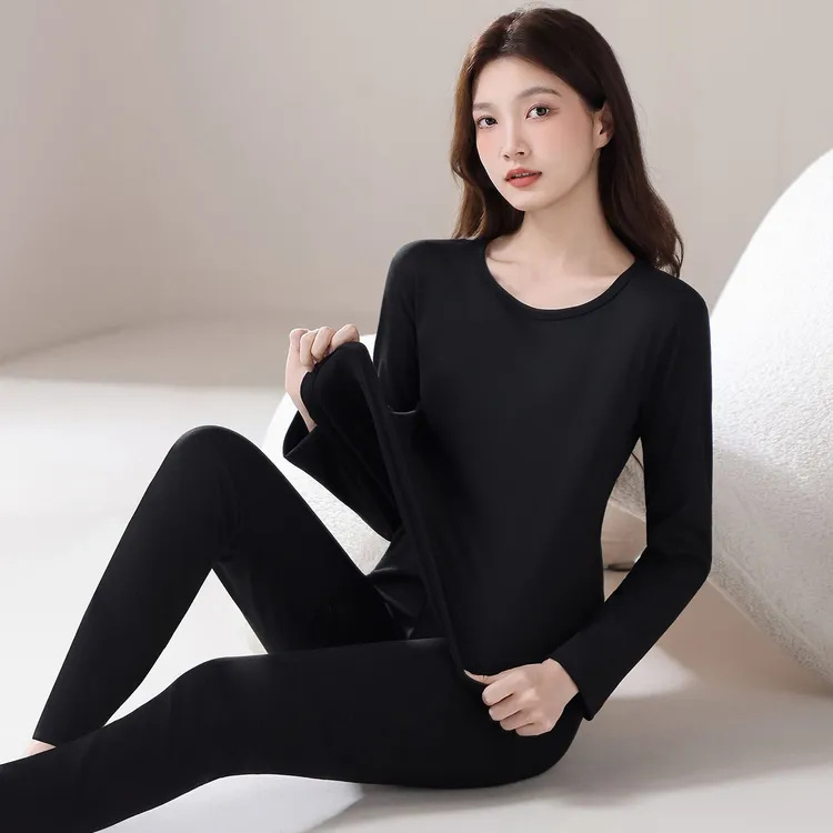 秋冬季新款女士修身纯色双长套头圆领德绒高弹保暖螺纹条家居服