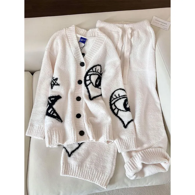 韩系几何图案半边绒睡衣女秋冬保暖开衫长袖长裤家居服可外穿套装